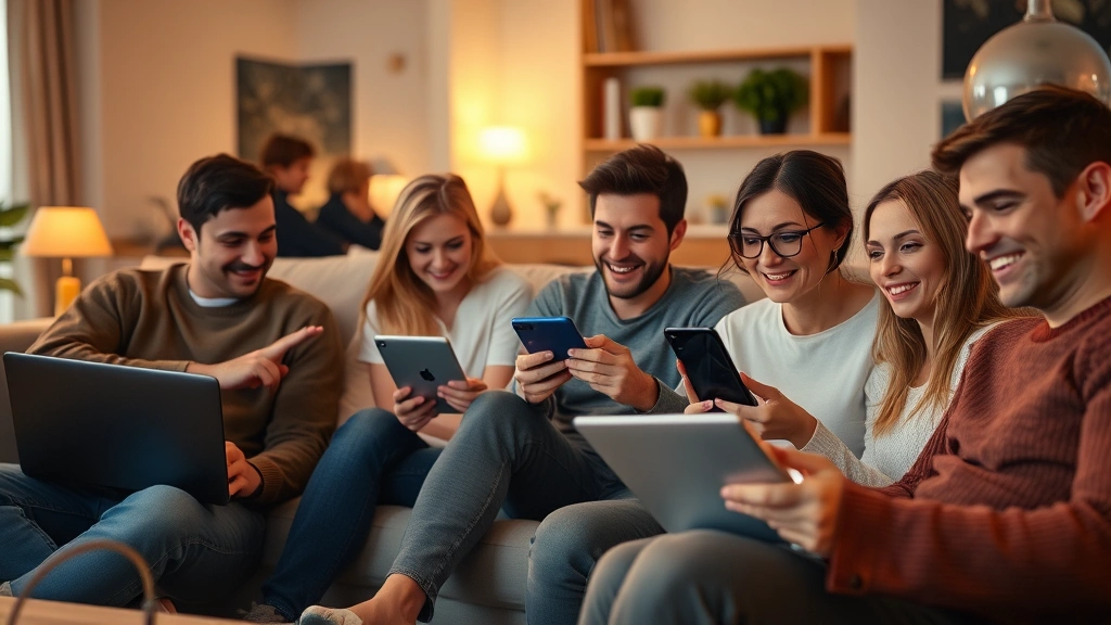 Diverse group of people in modern living spaces watching various devices—laptop, tablet, smartphone—with streaming content visible, warm evening lighting, casual home entertainment setting