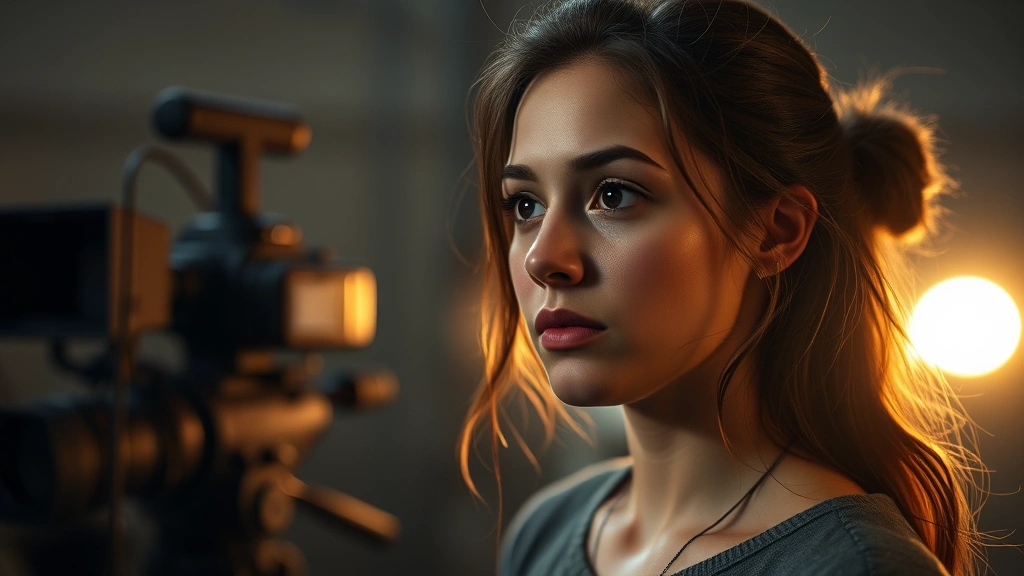 Young woman in dramatic scene, serious expression, soft studio lighting, professional film production set with camera equipment visible in background, contemplative mood, modern cinematography aesthetic