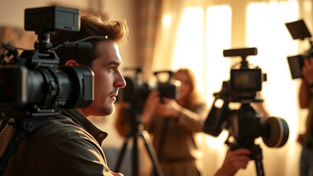 Actor in character during intimate scene, emotional depth in facial expression, warm natural lighting, film set with professional crew, psychological realism style, contemporary television production quality