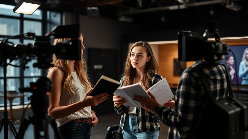 Female performer between takes on set, reviewing script pages, collaborative creative environment, modern studio setting, professional production design, authentic behind-the-scenes filmmaking moment