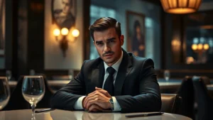 Professional male actor in dark modern suit sitting at upscale restaurant table, confident serious expression, cinematic lighting emphasizing dramatic shadows, sophisticated criminal character aesthetic, photorealistic contemporary setting