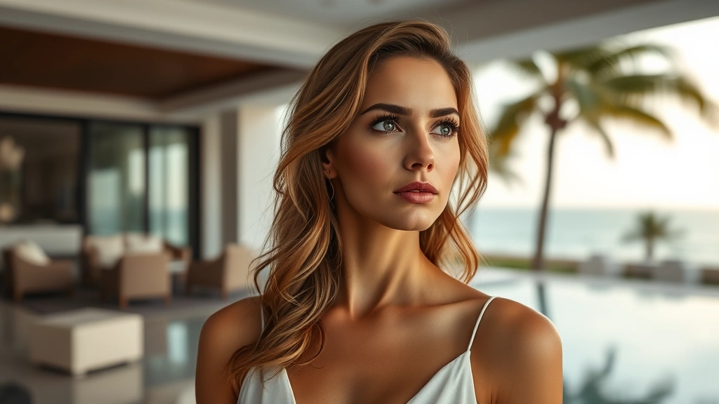Female actress with contemplative expression in luxury Palm Beach setting, modern coastal architecture visible, soft natural lighting suggesting moral complexity, sophisticated elegant styling, photorealistic contemporary luxury environment