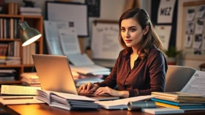 Professional female comedy writer at desk with laptop surrounded by script pages, warm office lighting, focused expression, creative workspace with inspiration board visible