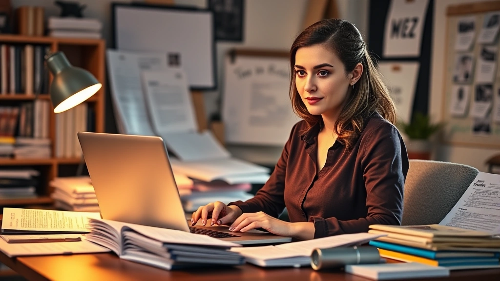 Professional female comedy writer at desk with laptop surrounded by script pages, warm office lighting, focused expression, creative workspace with inspiration board visible