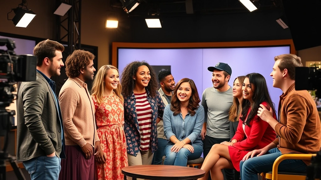 Diverse ensemble cast of actors in modern comedy scene on television set, natural interaction and laughter, behind-the-scenes creative energy, film production lighting
