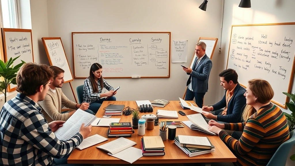Contemporary comedy writing workshop or writers' room with multiple people collaborating over scripts, whiteboards with story ideas, creative brainstorming atmosphere, natural daylight