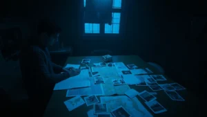 A person in dimly lit room looking through documents and photographs scattered across wooden table, studying maps and plans with intense concentration, cool blue lighting creating psychological tension, photorealistic cinematic style, no visible text or screens