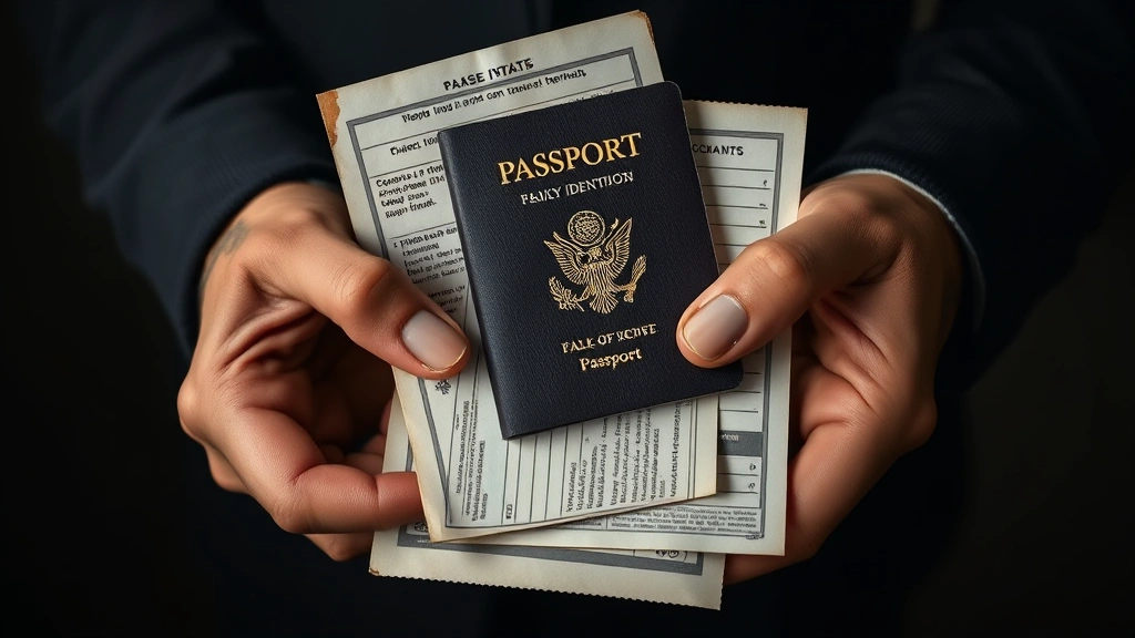 Close-up of hands holding a worn passport and false identity documents, subtle lighting emphasizing texture and materiality of objects, shallow depth of field, photorealistic detail, neutral background