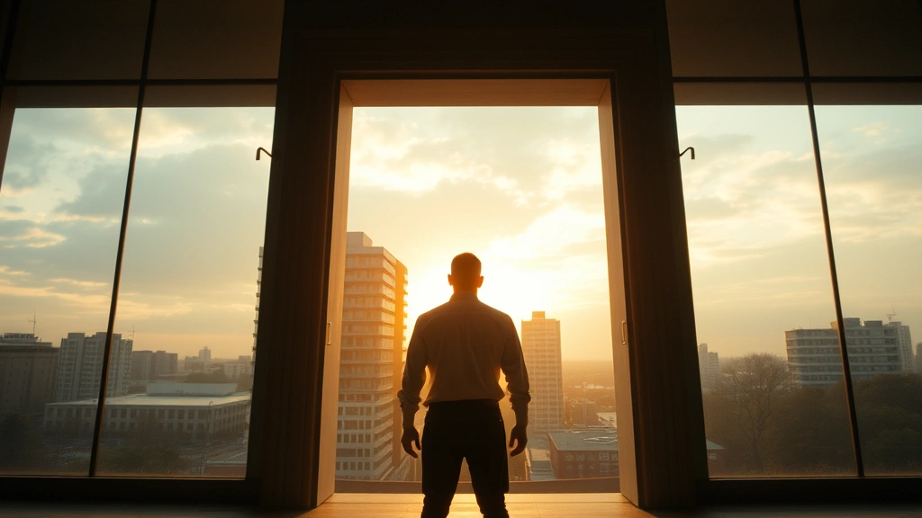 Wide shot of character standing at architectural threshold—doorway or window frame—with urban landscape visible beyond, compositional division suggesting psychological barriers, golden hour lighting transitioning to cooler tones, photorealistic atmosphere