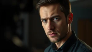 Professional actor in dramatic scene, intense emotional expression, studio lighting, close-up shot, contemplative mood, cinematic depth of field, contemporary setting, photorealistic detail