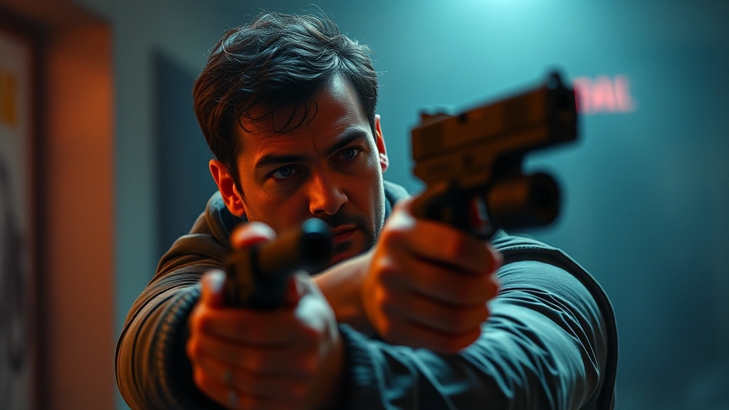 Actor performing in intense thriller scene, dynamic physical presence, professional cinematography, suspenseful atmosphere, character authenticity, high production value, modern film aesthetic