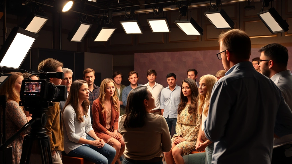 Television production set with ensemble cast, collaborative atmosphere, professional lighting setup, character-driven storytelling moment, dramatic tension, cinematic quality, behind-scenes authenticity