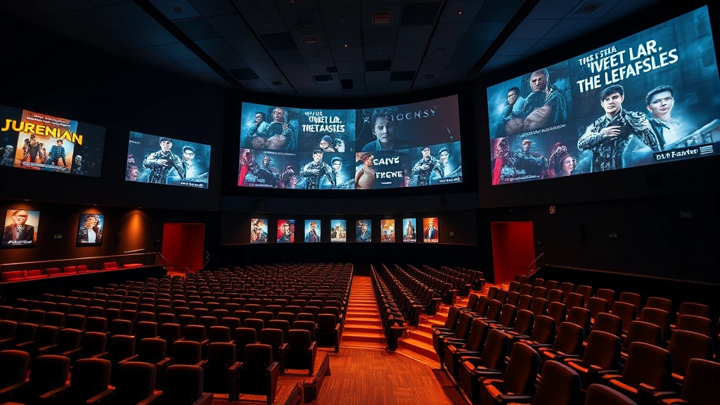 Modern multiplex cinema interior with 14 large screens visible, stadium seating, contemporary theater design, warm lighting, empty auditoriums showing diverse film posters on walls, professional cinema environment