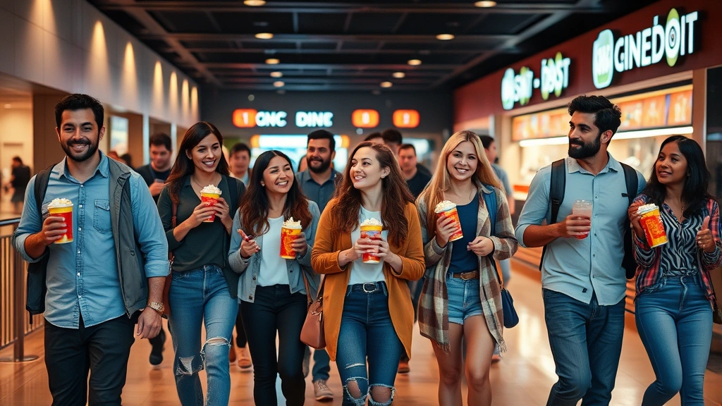 Diverse group of moviegoers of different ages and ethnicities walking through cinema lobby during evening hours, holding popcorn and drinks, casual social atmosphere, modern theater concession area in background