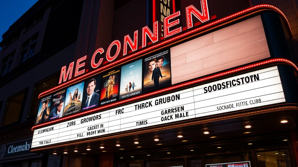 Close-up of cinema marquee displaying multiple film titles and showtimes, digital display boards, modern theater signage, evening illumination, showing variety of genres and release information clearly