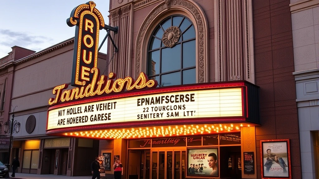 Vintage movie theater marquee with ornate signage at dusk, warm golden lighting illuminating the theater name and current film titles, architectural details visible, pedestrians walking nearby