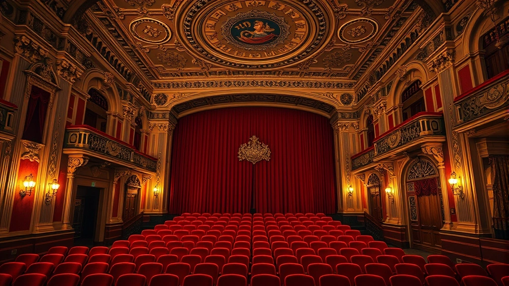 Historic theater interior with ornate vintage architectural details, red velvet seating, ornamental ceiling work, and warm lighting creating nostalgic cinema atmosphere