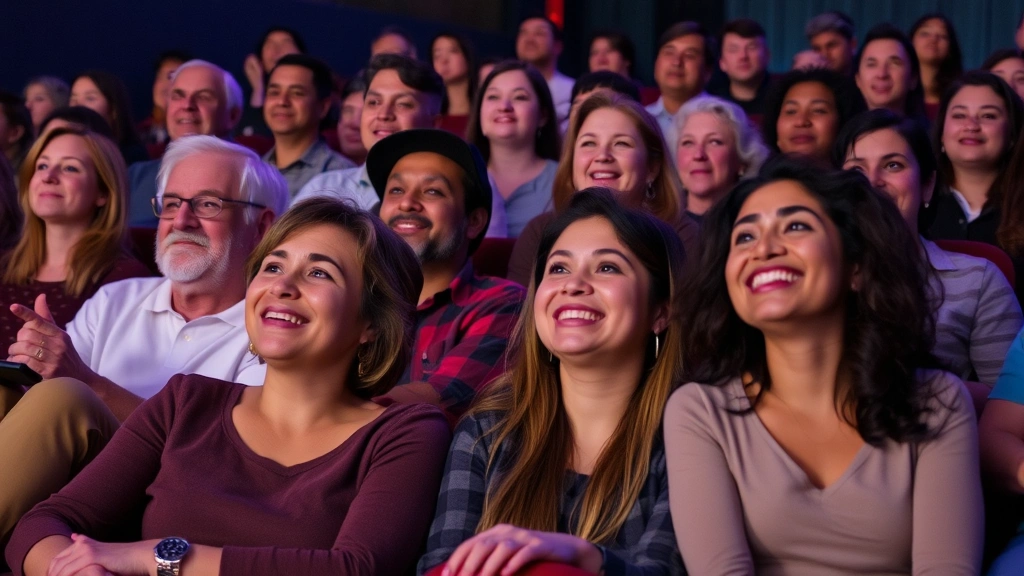 Diverse audience members of various ages and backgrounds enjoying cinema together in a theater setting, smiling and engaged with the movie experience