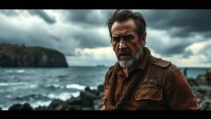 Nicolas Cage covered in dirt and weathered by survival, standing on a rocky island with storm clouds gathering overhead, photorealistic cinematic lighting, intense survival atmosphere, no text or captions visible