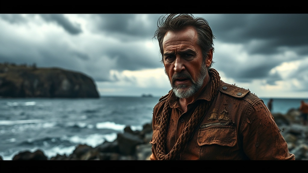 Nicolas Cage covered in dirt and weathered by survival, standing on a rocky island with storm clouds gathering overhead, photorealistic cinematic lighting, intense survival atmosphere, no text or captions visible