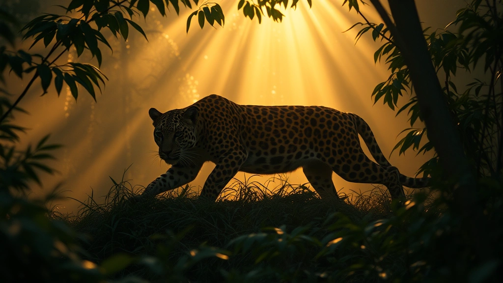 A sleek leopard prowling through misty jungle foliage with golden sunlight filtering through canopy, showcasing the majestic predator in its natural element, photorealistic wildlife cinematography, moody atmosphere