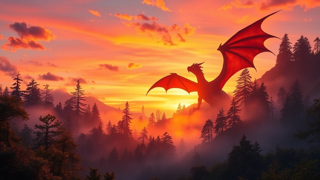 Vibrant fantasy landscape with magical dragon silhouette against twilight sky, ethereal mist rising from enchanted forest, warm golden lighting creating sense of wonder and adventure, photorealistic environmental design, no text or interface elements