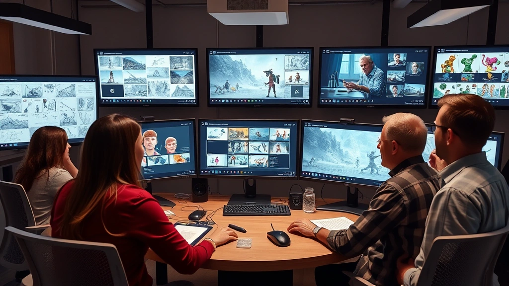 Production team reviewing storyboards and concept art in modern digital workspace, multiple monitors displaying animation frames and character designs, collaborative creative environment with creative professionals, photorealistic office setting, no visible text on screens