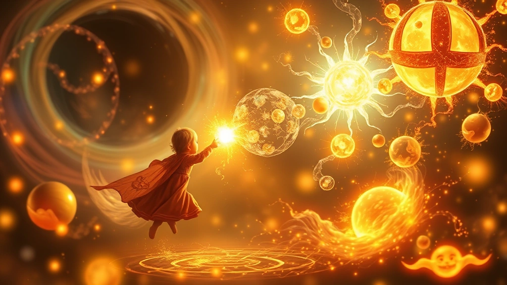 Child's imagination visualization: swirling magical elements, glowing orbs of light, fantastical creatures in motion, dreamlike atmosphere with warm color palette, photorealistic yet whimsical visual effects, no text or written elements visible
