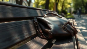Close-up of a worn leather purse resting on a weathered wooden bench in an urban park, dappled sunlight creating shadows, photorealistic, intimate composition, no text visible