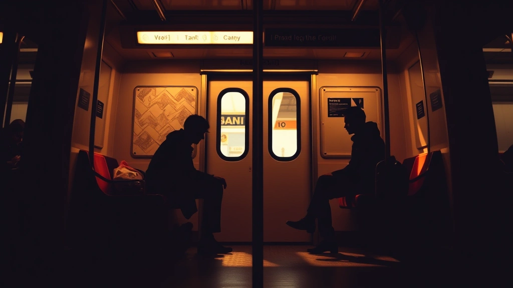 Silhouettes of two strangers sitting on opposite ends of a subway train seat, warm overhead lighting, candid moment of potential connection, photorealistic urban setting, no visible signage or text