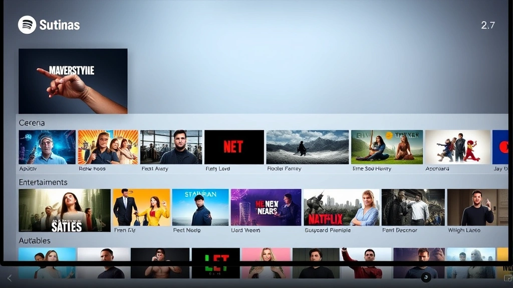 Streaming service interface concept with diverse entertainment content displayed, modern digital design, no readable text or specific titles visible