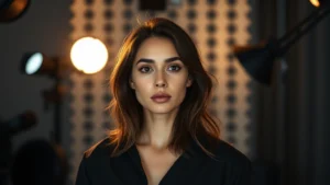 Professional female actress in modern cinematic studio lighting, contemplative expression, wearing contemporary fashion, professional makeup and styling, depth of field creating cinematic atmosphere, no text or interface elements visible