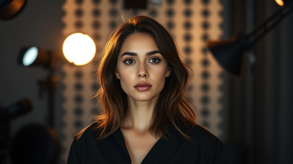 Professional female actress in modern cinematic studio lighting, contemplative expression, wearing contemporary fashion, professional makeup and styling, depth of field creating cinematic atmosphere, no text or interface elements visible