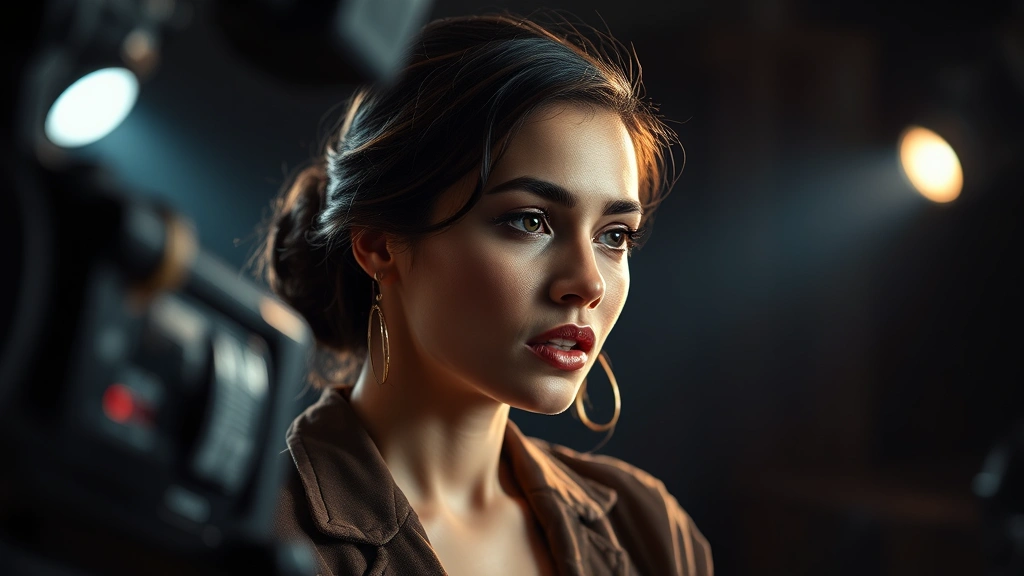 Female performer during dramatic scene work in professional production environment, theatrical lighting emphasizing facial features, focused intense expression, professional costume and grooming, streaming-era production quality and aesthetic