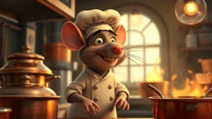 Animated rat character in professional chef's kitchen with copper pots and flames, warm Parisian bistro lighting, culinary passion evident in expression, photorealistic animation style, no text or interface elements visible
