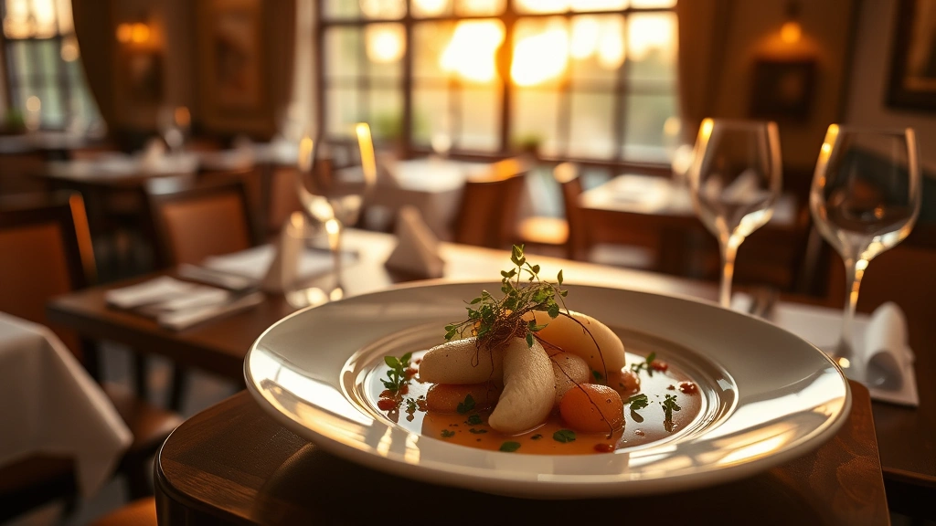 Overhead shot of gourmet plated dish in elegant French restaurant, soft golden hour lighting through windows, fresh herbs and artistic food presentation, fine dining atmosphere, no menu text or labels, cinematic depth of field
