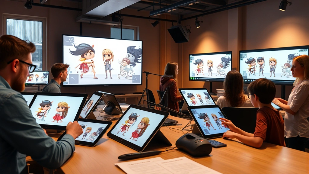 Modern animation studio workspace with digital tablets, 3D character models on screens, creative team collaborating on storyboards, warm professional lighting, motion capture technology visible, no readable text on displays or documents