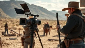 Professional cinematographer operating camera on dusty Western movie set with period-accurate props and natural lighting, dramatic landscape backdrop, film production in progress