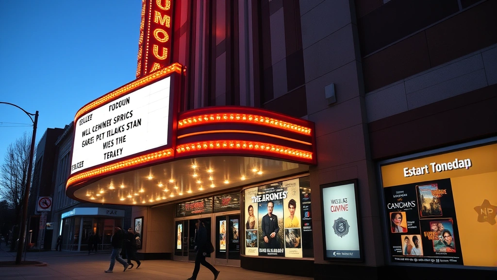 Movie theater marquee displaying upcoming film titles with audience members walking past, modern cinema exterior with promotional displays and evening lighting