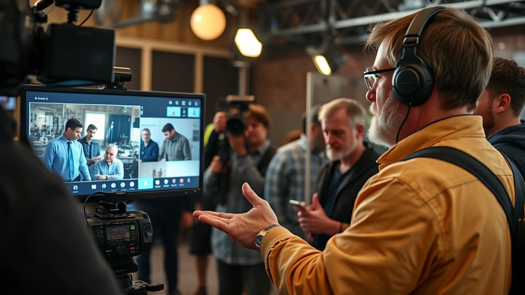 Film director reviewing scenes on monitor during production, surrounded by crew members and professional equipment, focused creative discussion on movie set