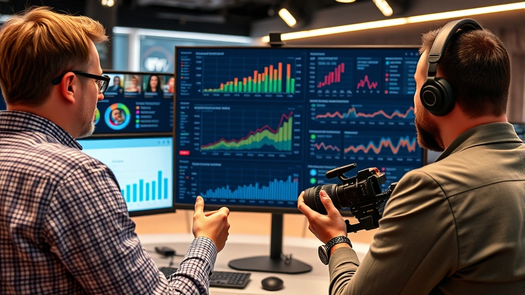 Professional filmmaker reviewing digital analytics dashboard with entertainment metrics displayed, modern studio environment with monitors showing viewership data and audience engagement statistics
