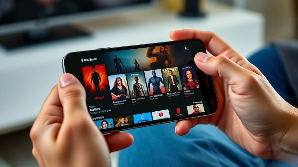 Mobile phone screen showing streaming service interface with movie thumbnails and recommendation algorithms, hands holding device, contemporary digital entertainment consumption scene