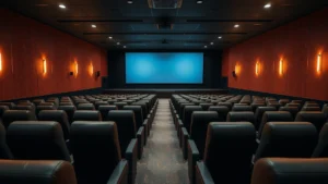 Modern cinema theater interior with rows of comfortable reclined seats, warm ambient lighting, and a large projection screen visible in the distance, photorealistic