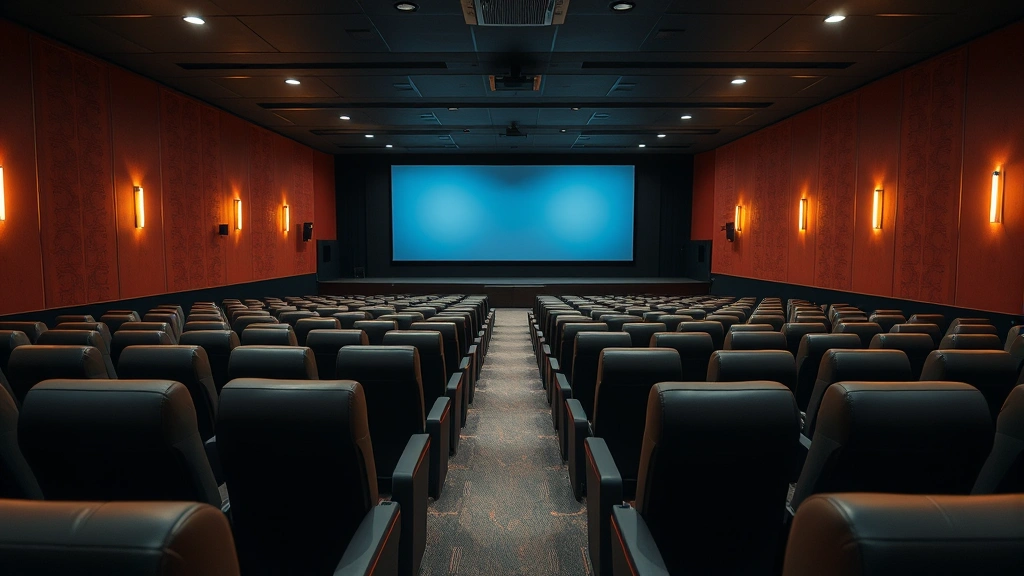 Modern cinema theater interior with rows of comfortable reclined seats, warm ambient lighting, and a large projection screen visible in the distance, photorealistic