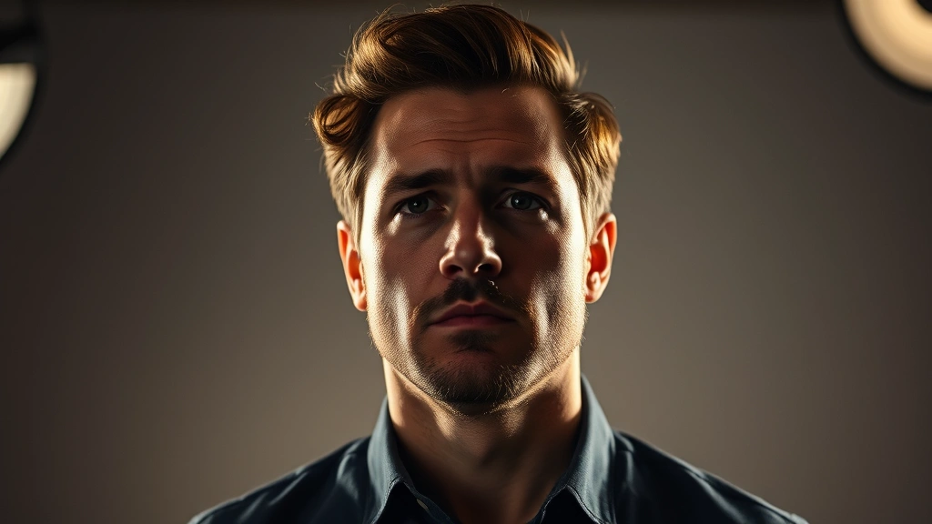 Professional male actor in modern studio lighting, serious contemplative expression, neutral background, cinematic portrait style, warm professional lighting setup