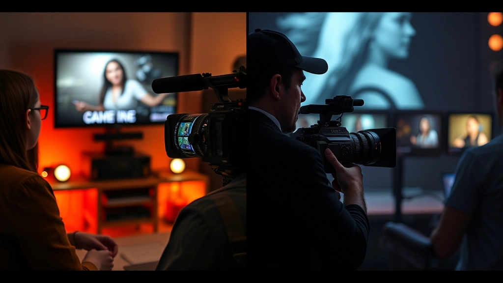 Split-screen showing television and film production elements side by side, representing dual career success across mediums, digital media aesthetic, professional production design