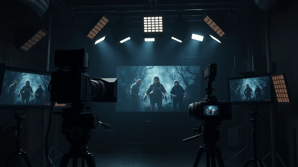 Moody digital cinema setup with film cameras, lighting rigs, and monitors displaying dark survival horror game footage in a professional studio environment, photorealistic, no text overlays