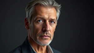 Professional headshot of mature male actor in dramatic lighting, thoughtful expression, neutral background, photorealistic style emphasizing character and depth