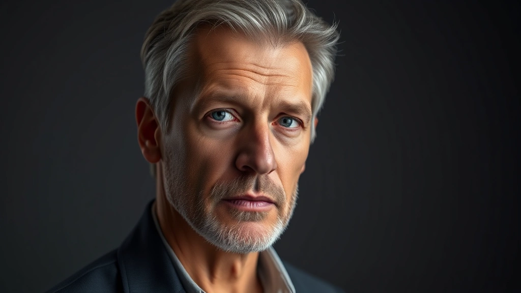 Professional headshot of mature male actor in dramatic lighting, thoughtful expression, neutral background, photorealistic style emphasizing character and depth