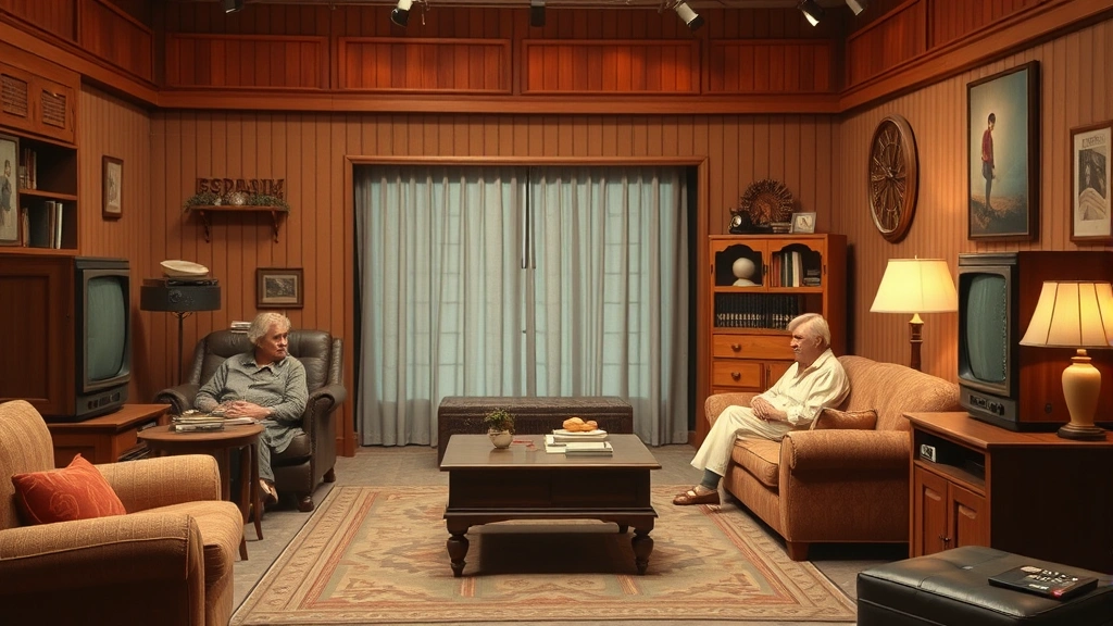 Vintage 1970s television set interior with period-appropriate furnishings and warm lighting, suggesting family drama scene from classic television era, photorealistic nostalgic aesthetic